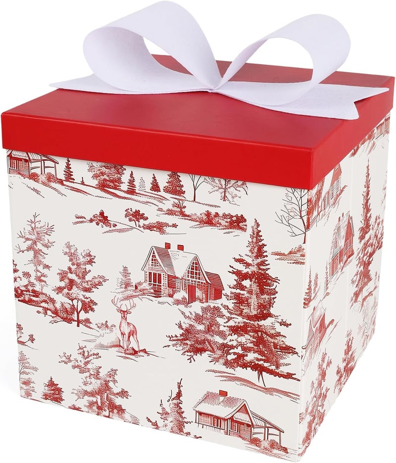LaRibbons Large Christmas Gift Boxes with Lids, 10x10x10 Inches Winter Tree & Cabin Design Folding Square Gift Boxes for Holiday Decorative, Xmas, Present, Storage, Red - Image 1